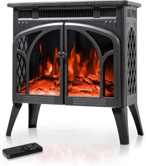 24Inch Electric Fireplace Stove, Free-Standing Infrared Fireplace Stove, Controllable 3D Flame, 4 Variable Flame&Log Colors, 1500w, 5100BTU, (S230B-GREY), Grey Metal