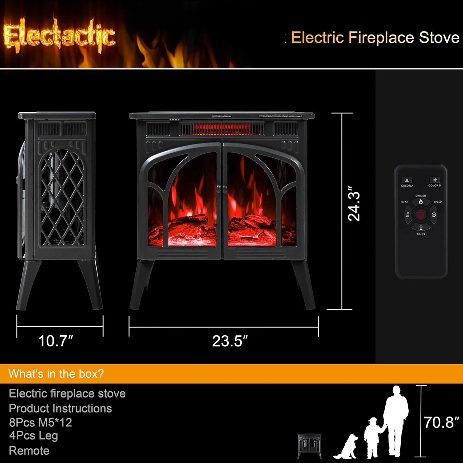 24Inch Electric Fireplace Stove, Free-Standing Infrared Fireplace Stove, Controllable 3D Flame, 4 Variable Flame&Log Colors, 1500w, 5100BTU, (S230B-GREY), Grey Metal
