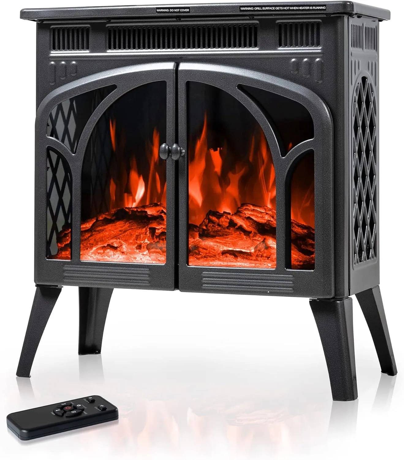 24Inch Electric Fireplace Stove, Free-Standing Infrared Fireplace Stove, Controllable 3D Flame, 4 Variable Flame&Log Colors, 1500w, 5100BTU, (S230B-GREY), Grey Metal
