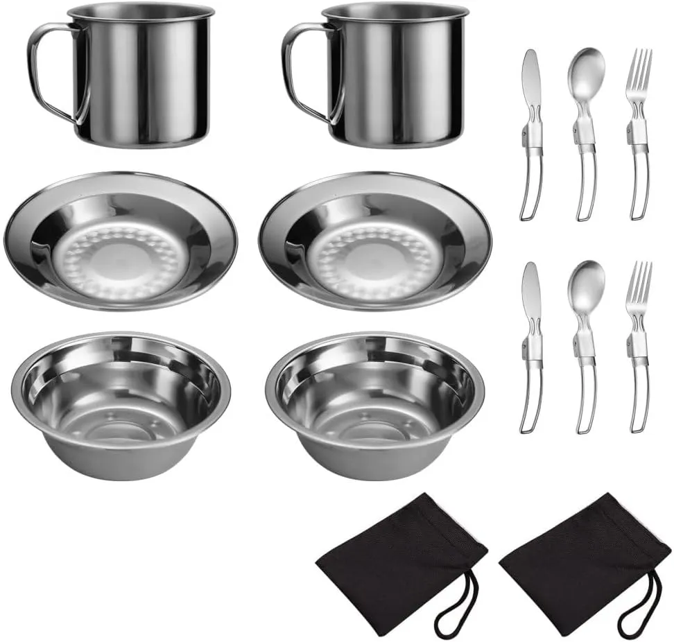 2PCS Camping Mess Kits, Stainless Steel Camping Dishes Including Cups, Bowls, Plates, Knives, Forks, Spoons for 2 Persons Backpacking, Hiking, Picnic
