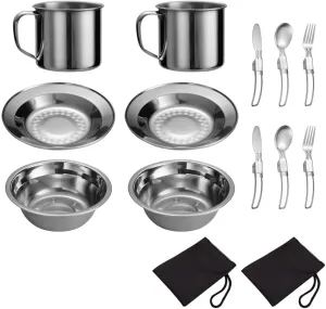 2PCS Camping Mess Kits, Stainless Steel Camping Dishes Including Cups, Bowls, Plates, Knives, Forks, Spoons for 2 Persons Backpacking, Hiking, Picnic