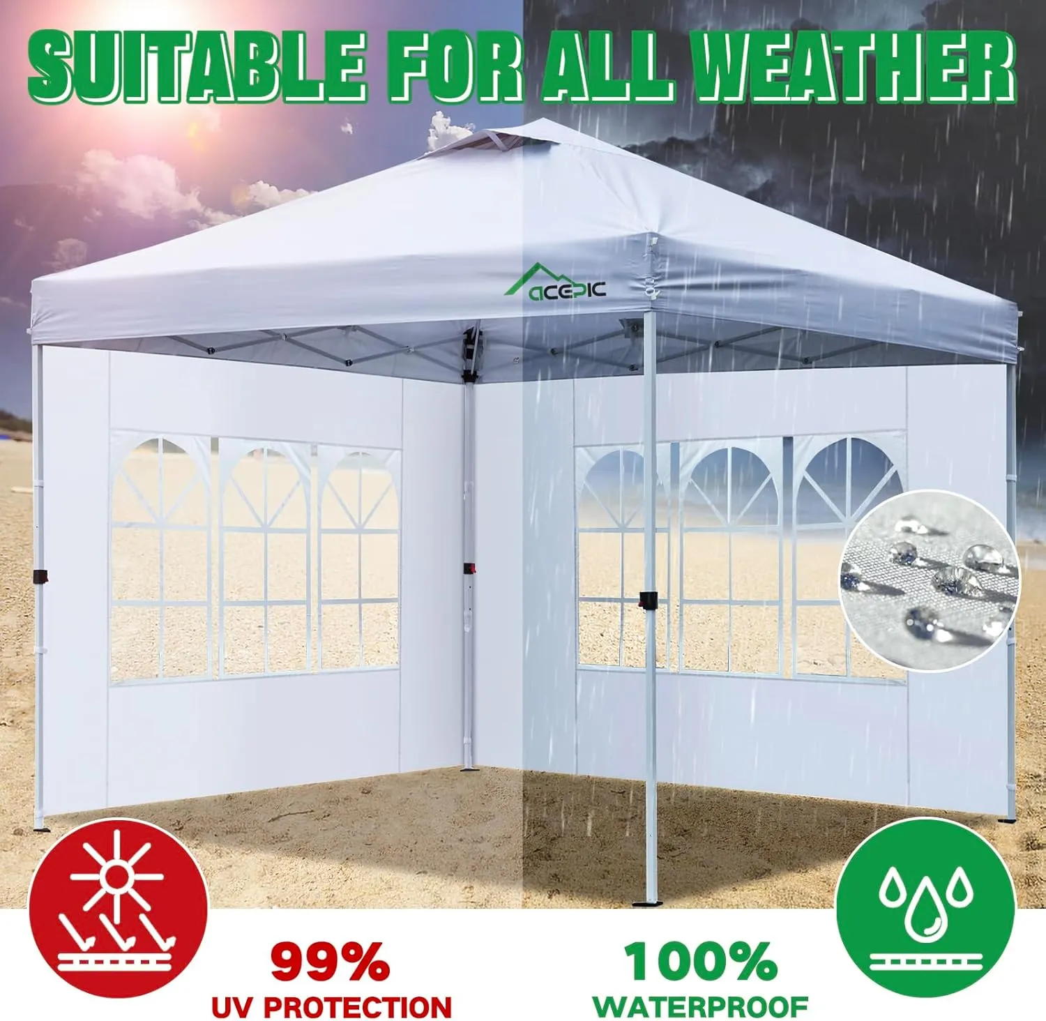 2Pcs Instant Canopy Tent Sidewalls for 10x10 Pop-Up Canopy, Garden Gazebo, 210D Oxford Fabric Waterproof, White (Canopy Tent NOT Included)