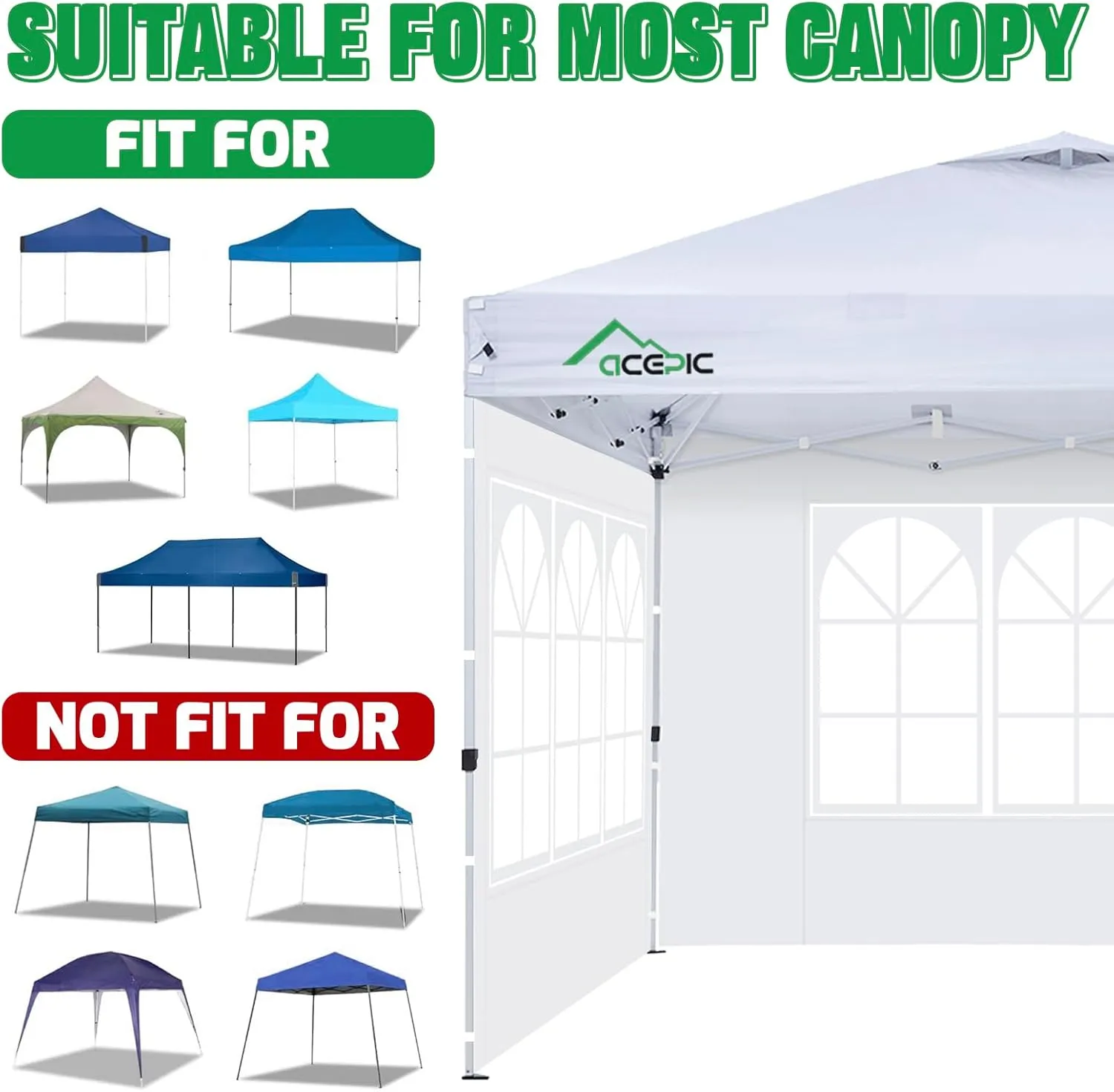 2Pcs Instant Canopy Tent Sidewalls for 10x10 Pop-Up Canopy, Garden Gazebo, 210D Oxford Fabric Waterproof, White (Canopy Tent NOT Included)