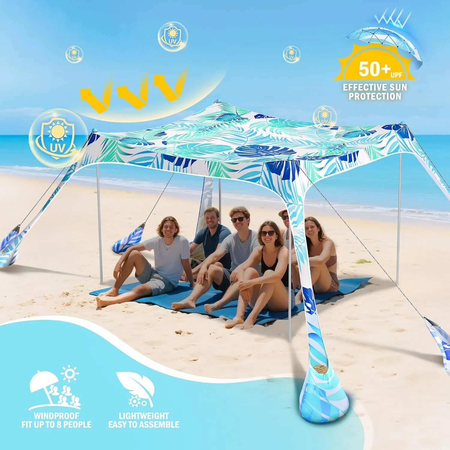 2PM SPORTS Beach Tent Conopy with UPF50 , Outdoor Large Beach Sun Shade Shelter for Family Picnic Camping Travel Shore, 8 Sandbags, Sand Shovel, Portable Ground Pegs (Leaf, 8x8 FT)