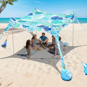 2PM SPORTS Beach Tent Conopy with UPF50 , Outdoor Large Beach Sun Shade Shelter for Family Picnic Camping Travel Shore, 8 Sandbags, Sand Shovel, Portable Ground Pegs (Leaf, 8x8 FT)