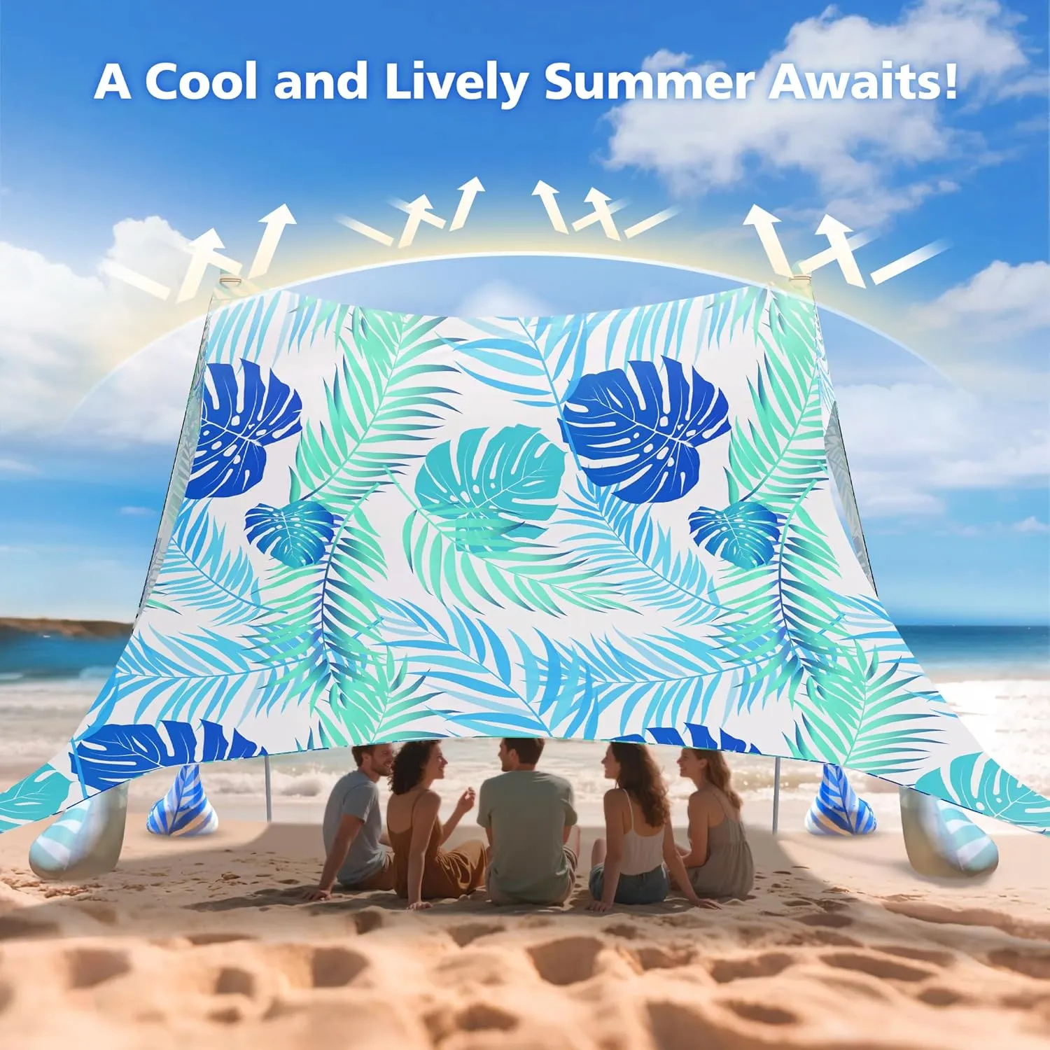 2PM SPORTS Beach Tent Conopy with UPF50 , Outdoor Large Beach Sun Shade Shelter for Family Picnic Camping Travel Shore, 8 Sandbags, Sand Shovel, Portable Ground Pegs (Leaf, 8x8 FT)
