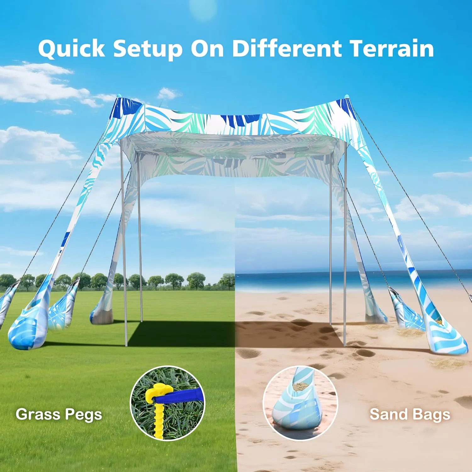 2PM SPORTS Beach Tent Conopy with UPF50 , Outdoor Large Beach Sun Shade Shelter for Family Picnic Camping Travel Shore, 8 Sandbags, Sand Shovel, Portable Ground Pegs (Leaf, 8x8 FT)