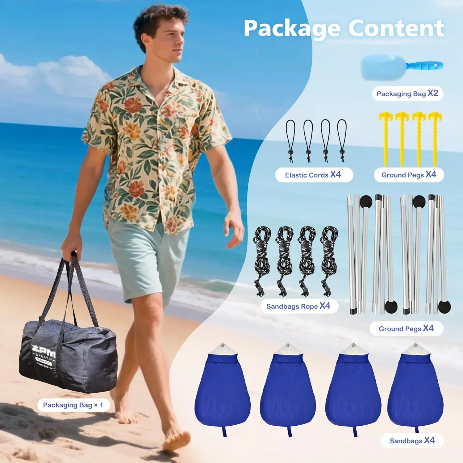 2PM SPORTS Beach Tent Conopy with UPF50 , Outdoor Large Beach Sun Shade Shelter for Family Picnic Camping Travel Shore, 8 Sandbags, Sand Shovel, Portable Ground Pegs (Leaf, 8x8 FT)
