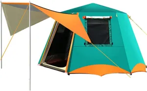 3-4 Person Automatic Tent with Porch Camping Pop Up Tent with 2 Door and 2 Windows Double Layer Instant Family Tent for Camping Outdoor Hiking, Red
