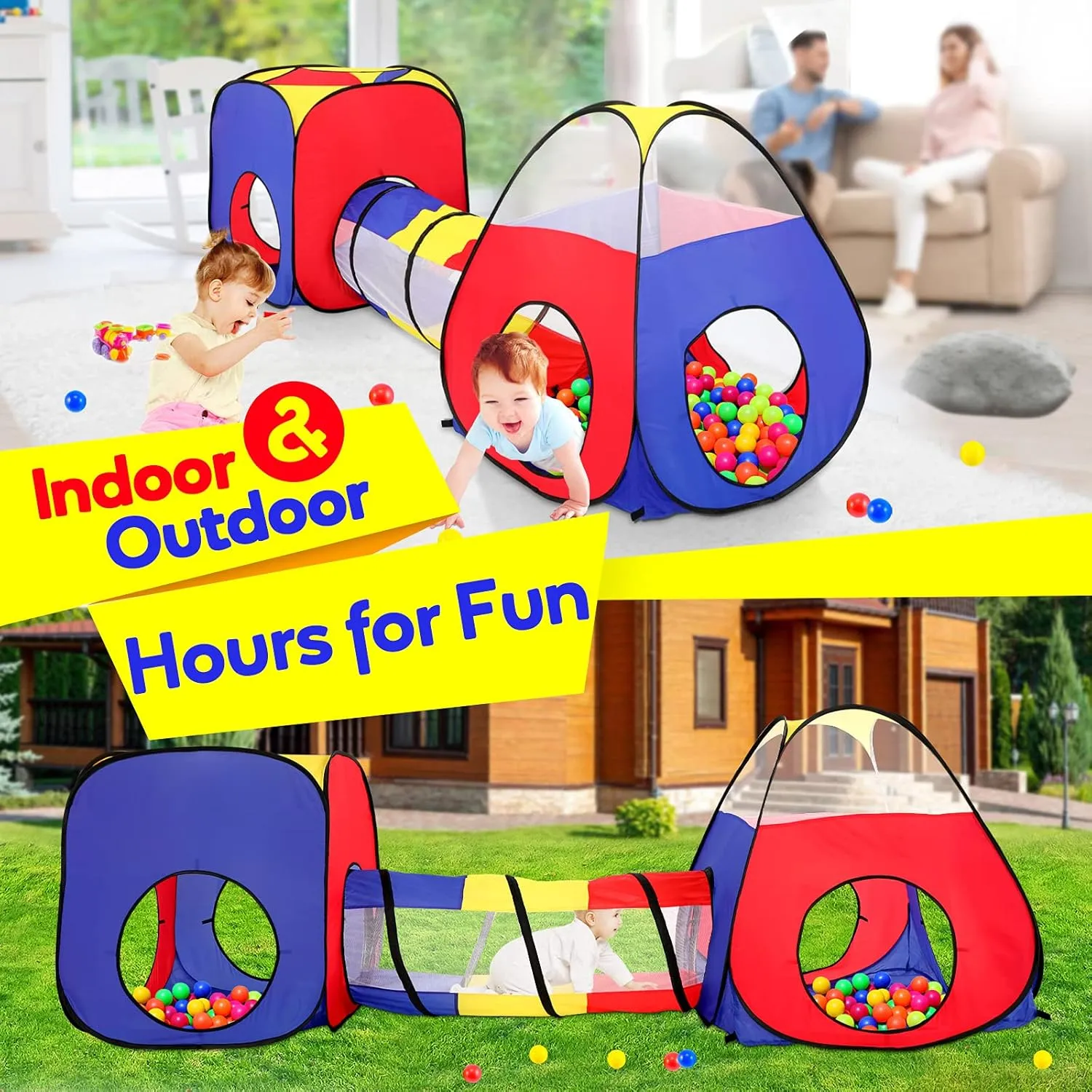 3-in-1 Kids Play Tent with Play Tunnels and Ball Pit, Pop Up Toddler Tent for Boys and Girls, Indoor and Outdoor Playhouse, Gift Idea