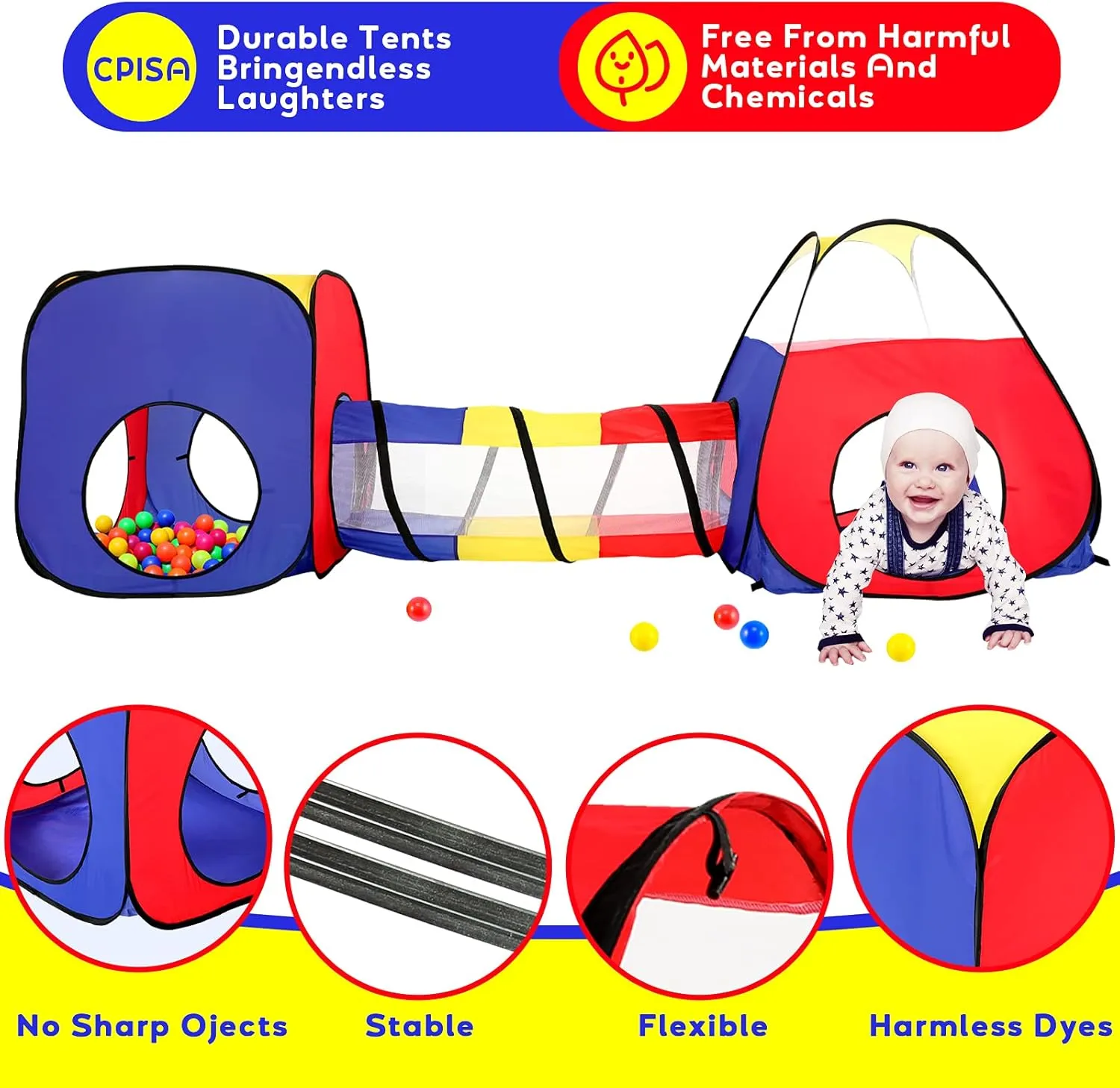 3-in-1 Kids Play Tent with Play Tunnels and Ball Pit, Pop Up Toddler Tent for Boys and Girls, Indoor and Outdoor Playhouse, Gift Idea