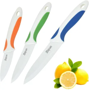 3 Pack Ceramic Knife set with Sheaths, 5-Inch Utility Knife, 4-Inch Fruit Knife, 3-Inch Peeling Knife, Zirconia Blade with Ergonomic Handle.Use for Meat Fruit Vegetable Bread and Butter.