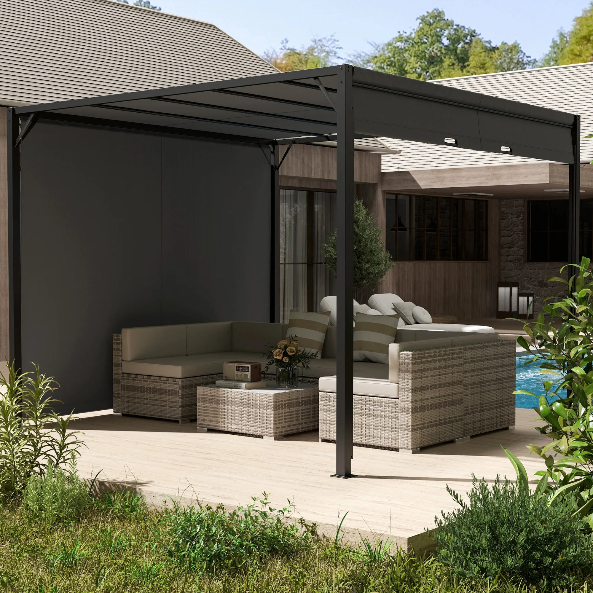 3 x 3m Outdoor Pergola Gazebo with Sun Shade Canopy, Retractable Roof & Steel Frame, Beige