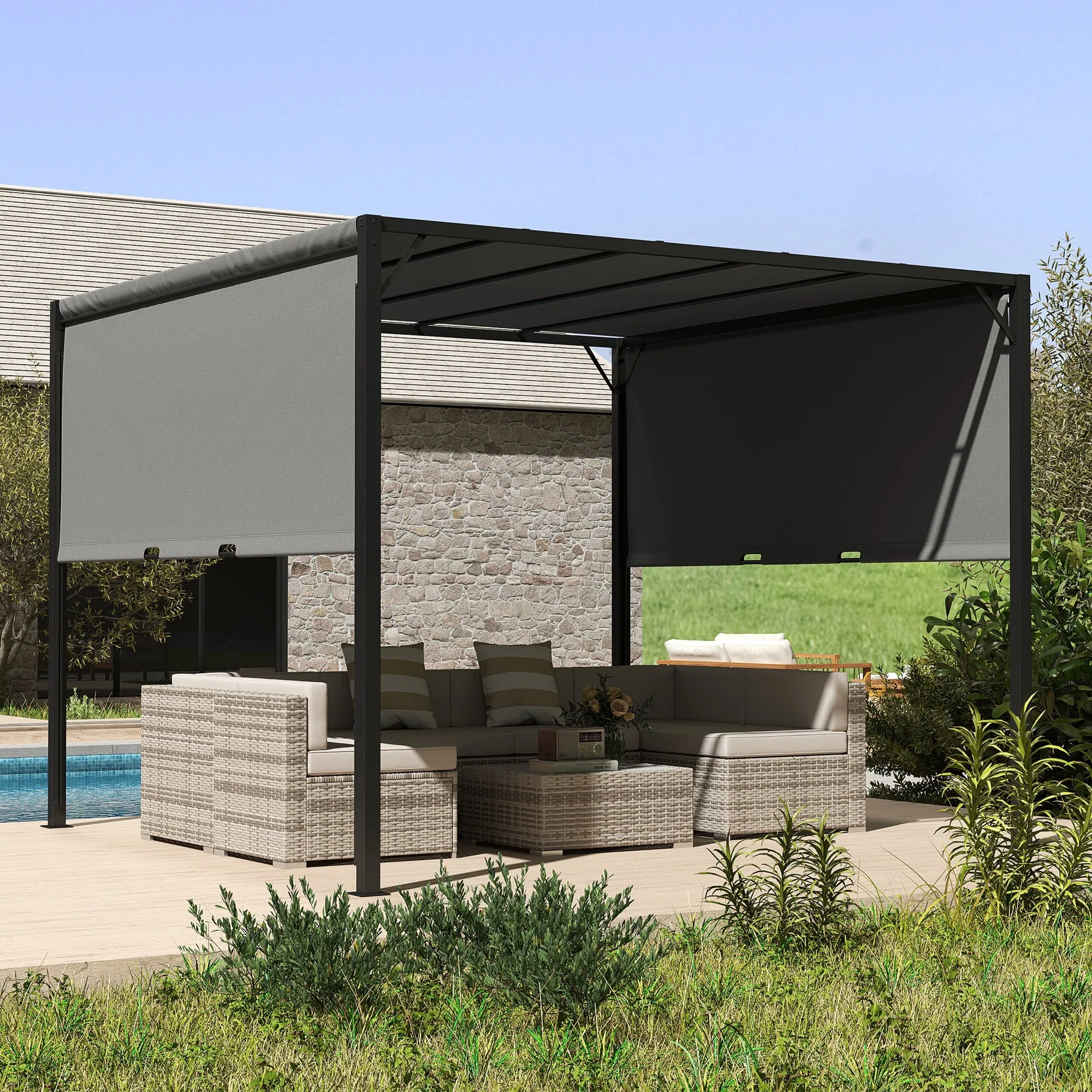 3 x 3m Outdoor Pergola Gazebo with Sun Shade Canopy, Retractable Roof & Steel Frame, Beige