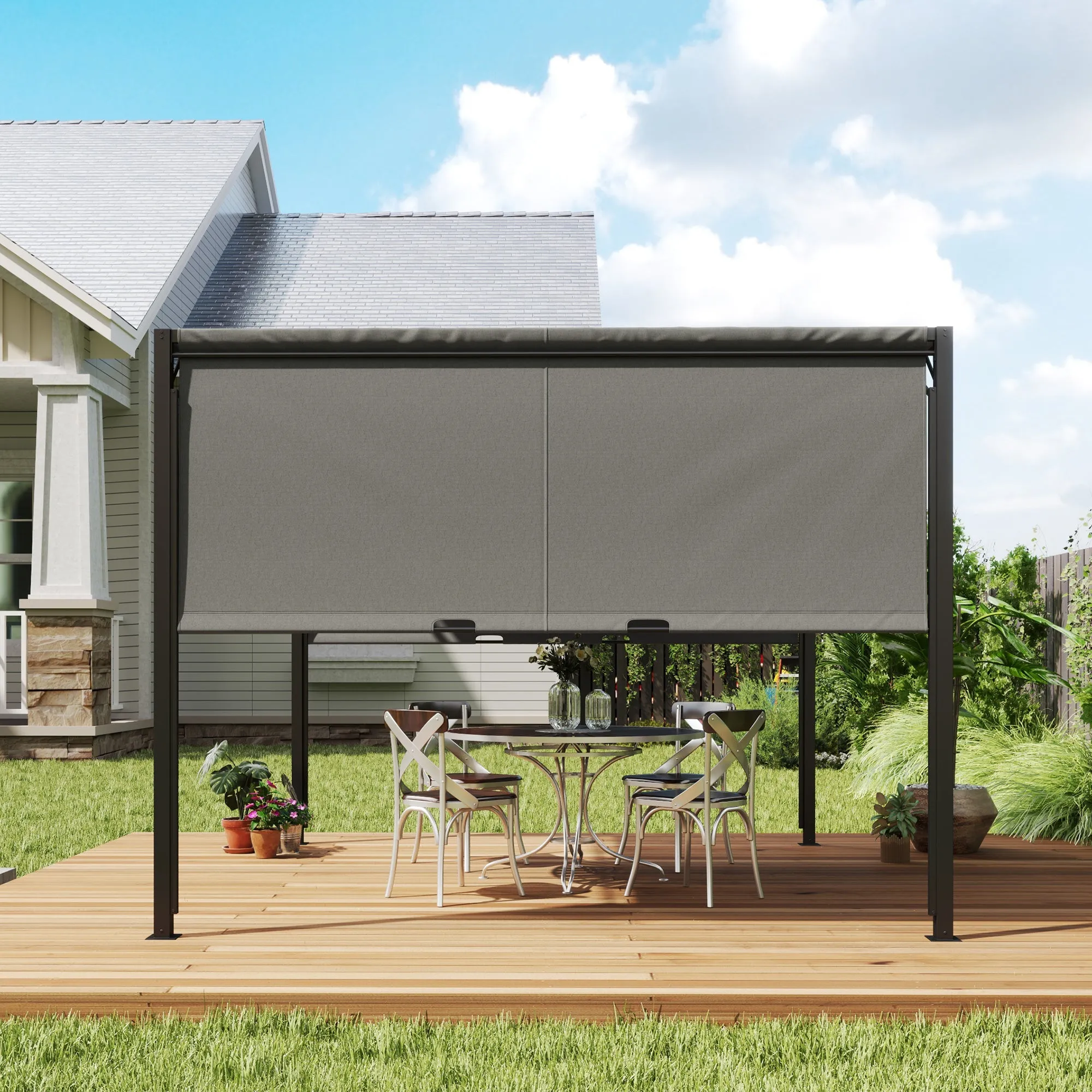 3 x 3m Outdoor Pergola Gazebo with Sun Shade Canopy, Retractable Roof & Steel Frame, Beige