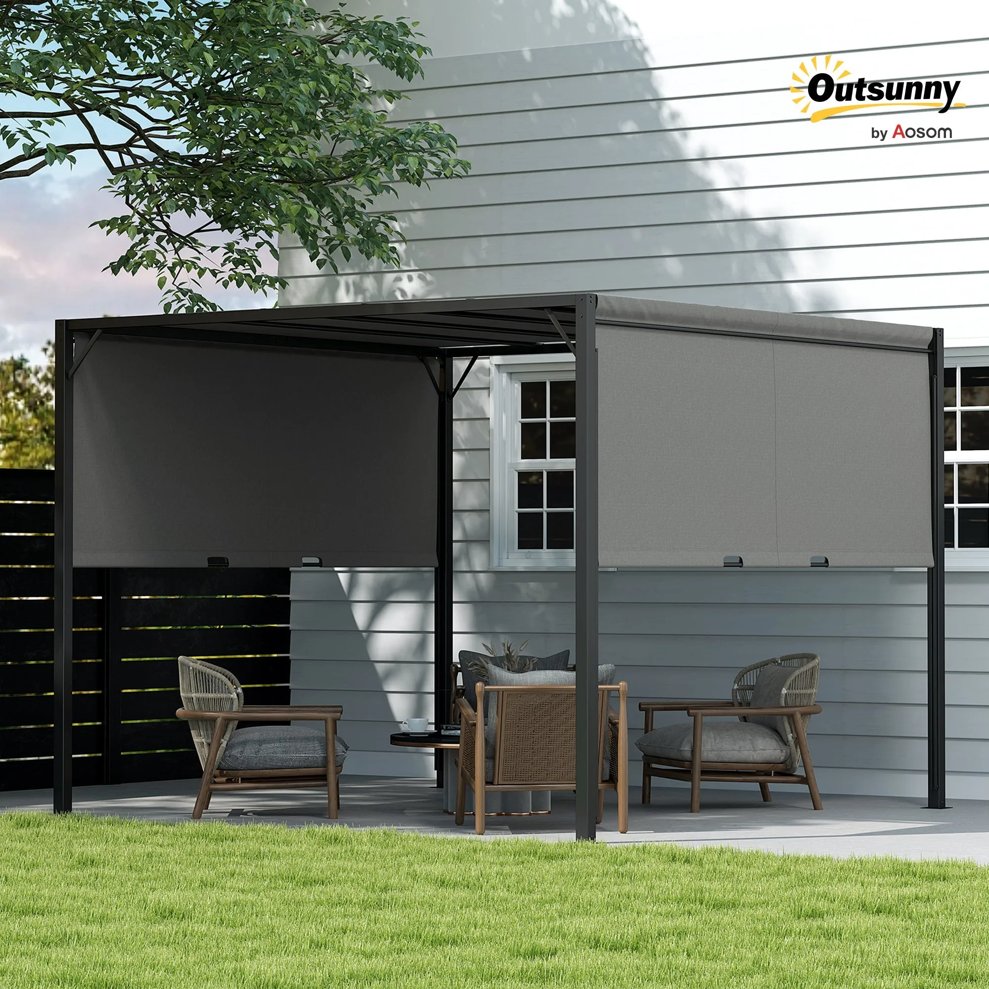 3 x 3m Outdoor Pergola Gazebo with Sun Shade Canopy, Retractable Roof & Steel Frame, Beige