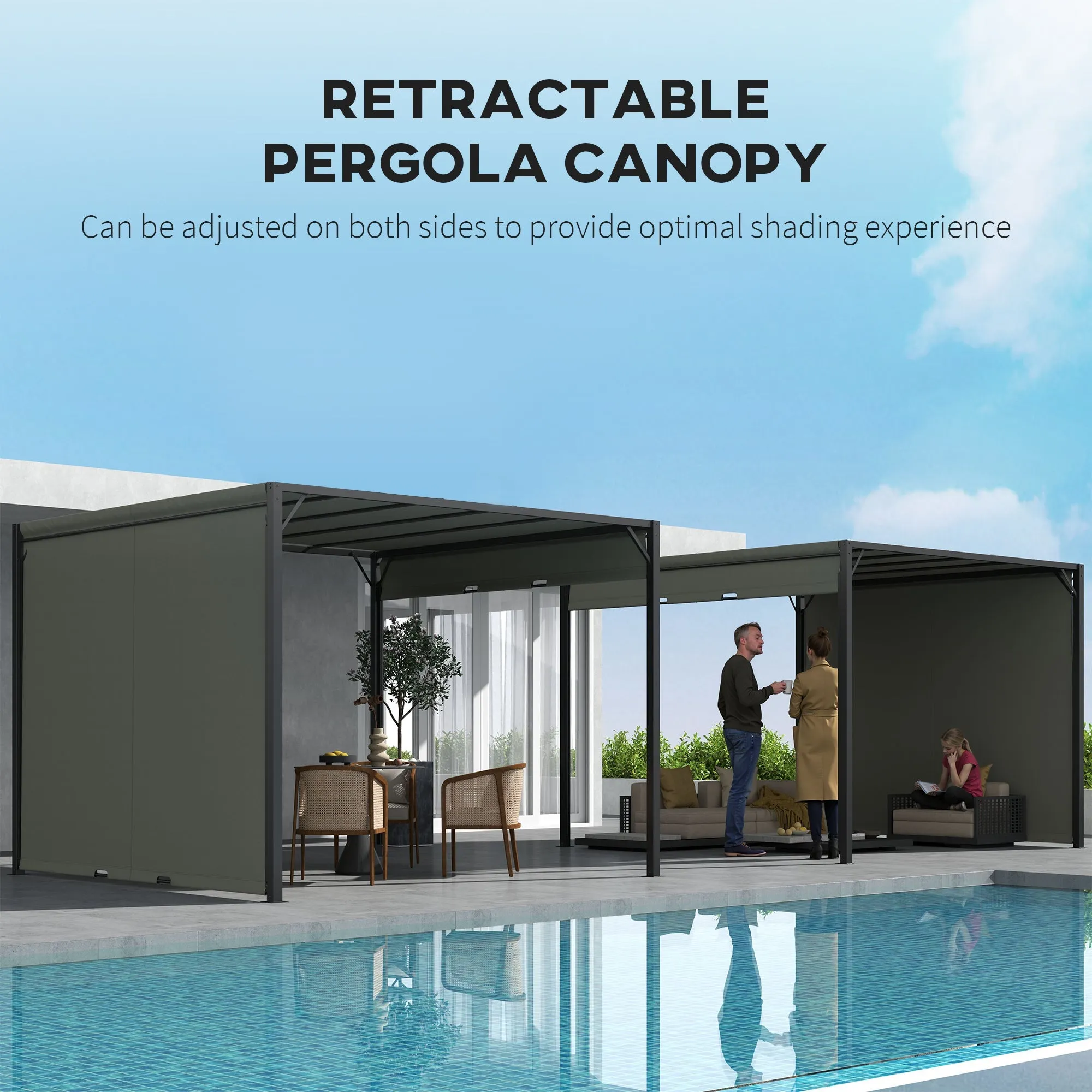 3 x 3m Outdoor Pergola Gazebo with Sun Shade Canopy, Retractable Roof & Steel Frame, Beige