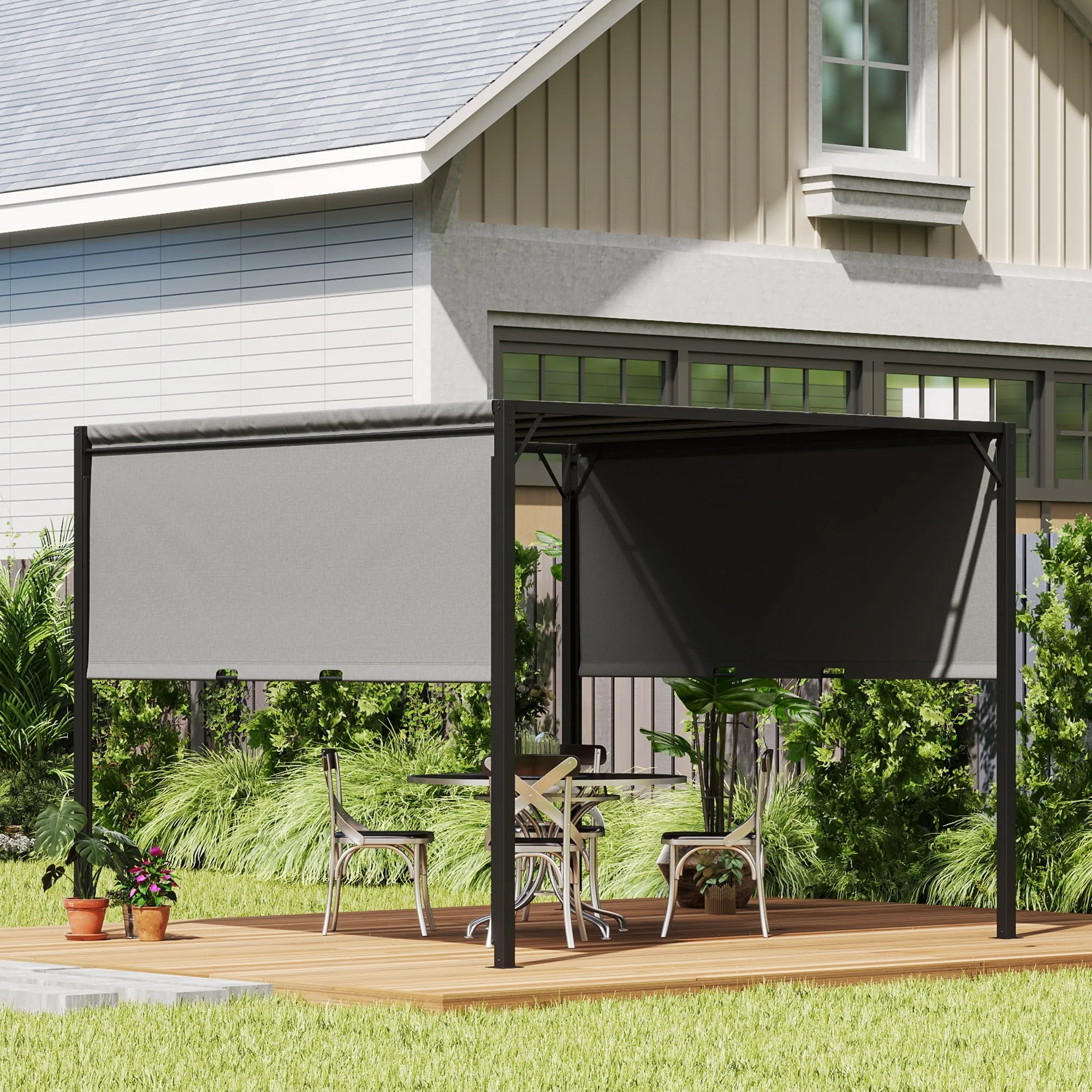 3 x 3m Outdoor Pergola Gazebo with Sun Shade Canopy, Retractable Roof & Steel Frame, Beige