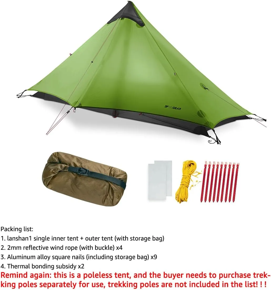 3F UL Gear Lanshan1 Ultralight Tent 3/4 Season Portable Backpacking Tent for 1-Person 15D Silicon Coated Waterproof Poleless Double Layer Tent for Camping, Climbing, Hiking