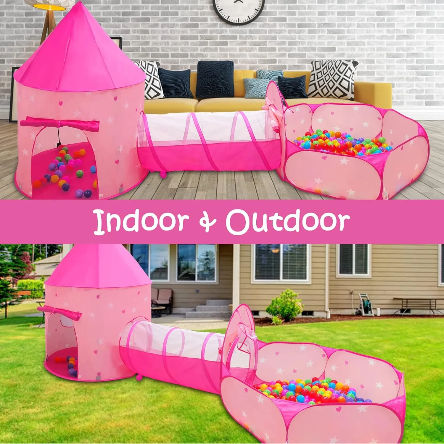 3PC Princess Tent for Girls with Kids Ball Pit, Kids Play Tents and Crawl Tunnel for Toddlers, Pink Pop Up Playhouse Toys for Baby Indoor& Outdoor Tent Games (Pink Tent with Stars 3pc)