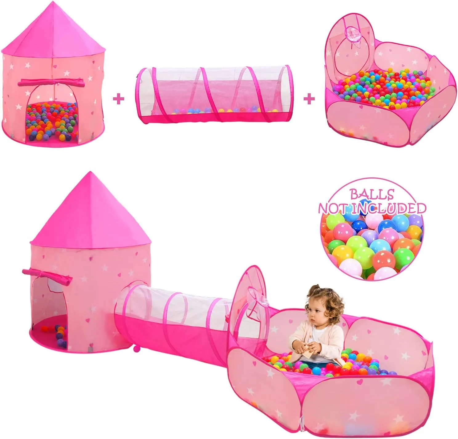 3PC Princess Tent for Girls with Kids Ball Pit, Kids Play Tents and Crawl Tunnel for Toddlers, Pink Pop Up Playhouse Toys for Baby Indoor& Outdoor Tent Games (Pink Tent with Stars 3pc)