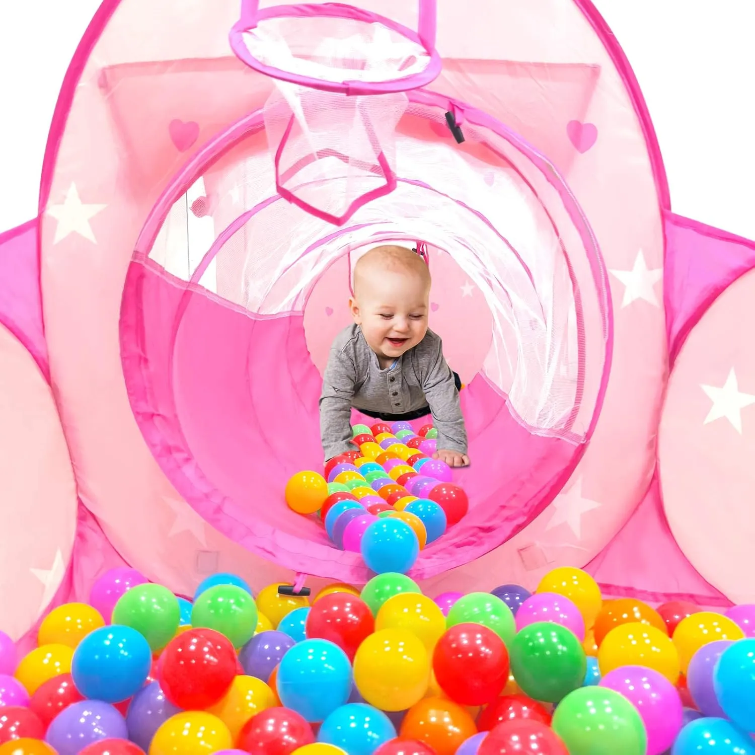 3PC Princess Tent for Girls with Kids Ball Pit, Kids Play Tents and Crawl Tunnel for Toddlers, Pink Pop Up Playhouse Toys for Baby Indoor& Outdoor Tent Games (Pink Tent with Stars 3pc)