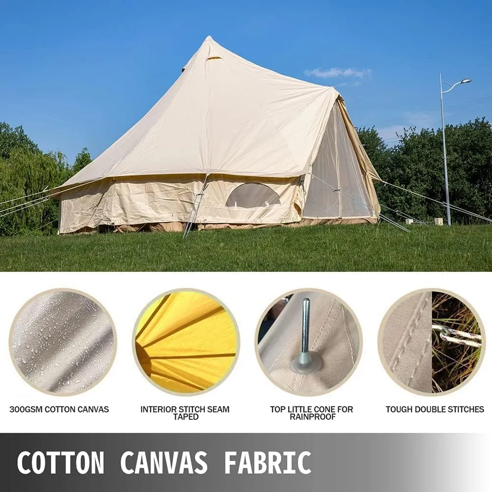 4-12 Person Camping Tent 3-6m Waterproof Cotton Canvas Bell Tent Outdoor 4 Seasons Family Party Picnic Yurt Tent W/Stove Hole, Beige