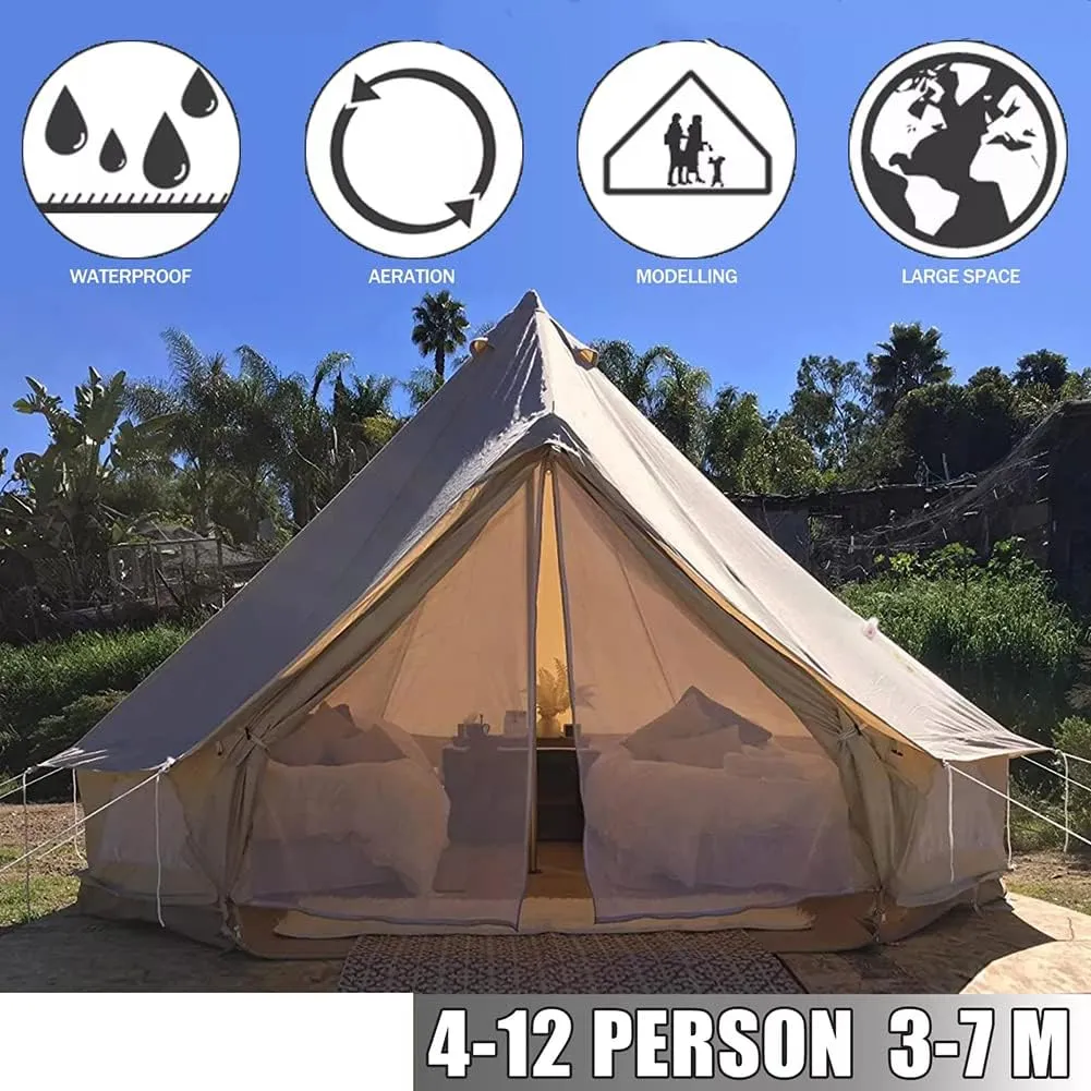 4-12 Person Camping Tent 3-6m Waterproof Cotton Canvas Bell Tent Outdoor 4 Seasons Family Party Picnic Yurt Tent W/Stove Hole, Beige
