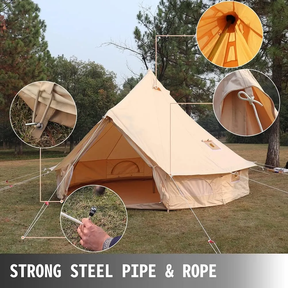 4-12 Person Camping Tent 3-6m Waterproof Cotton Canvas Bell Tent Outdoor 4 Seasons Family Party Picnic Yurt Tent W/Stove Hole, Beige