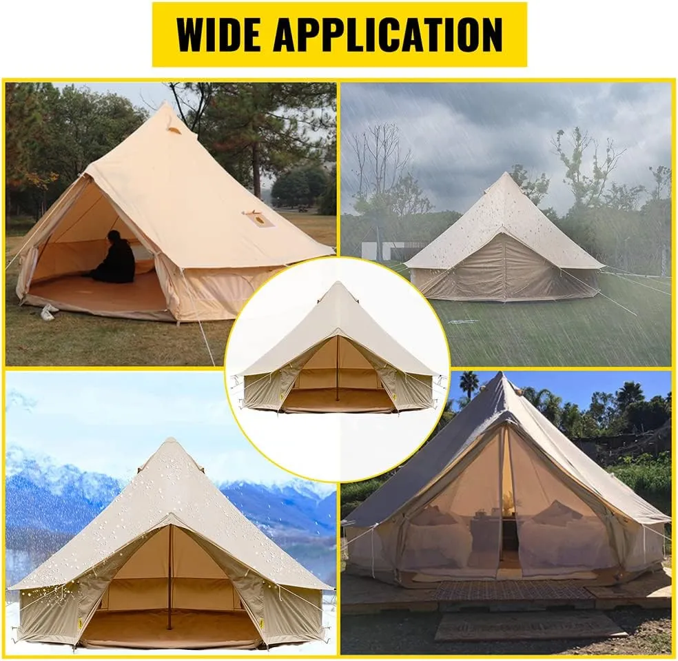 4-12 Person Camping Tent 3-6m Waterproof Cotton Canvas Bell Tent Outdoor 4 Seasons Family Party Picnic Yurt Tent W/Stove Hole, Beige