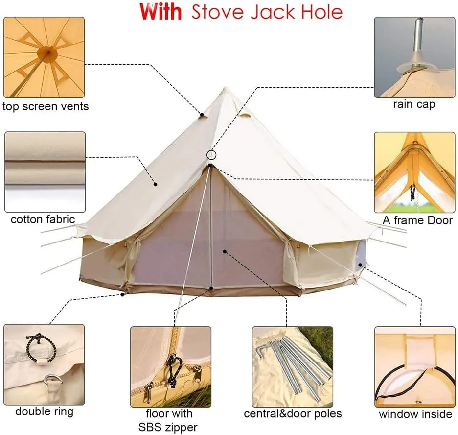 4-12 Person Camping Tent 3-6m Waterproof Cotton Canvas Bell Tent Outdoor 4 Seasons Family Party Picnic Yurt Tent W/Stove Hole, Beige