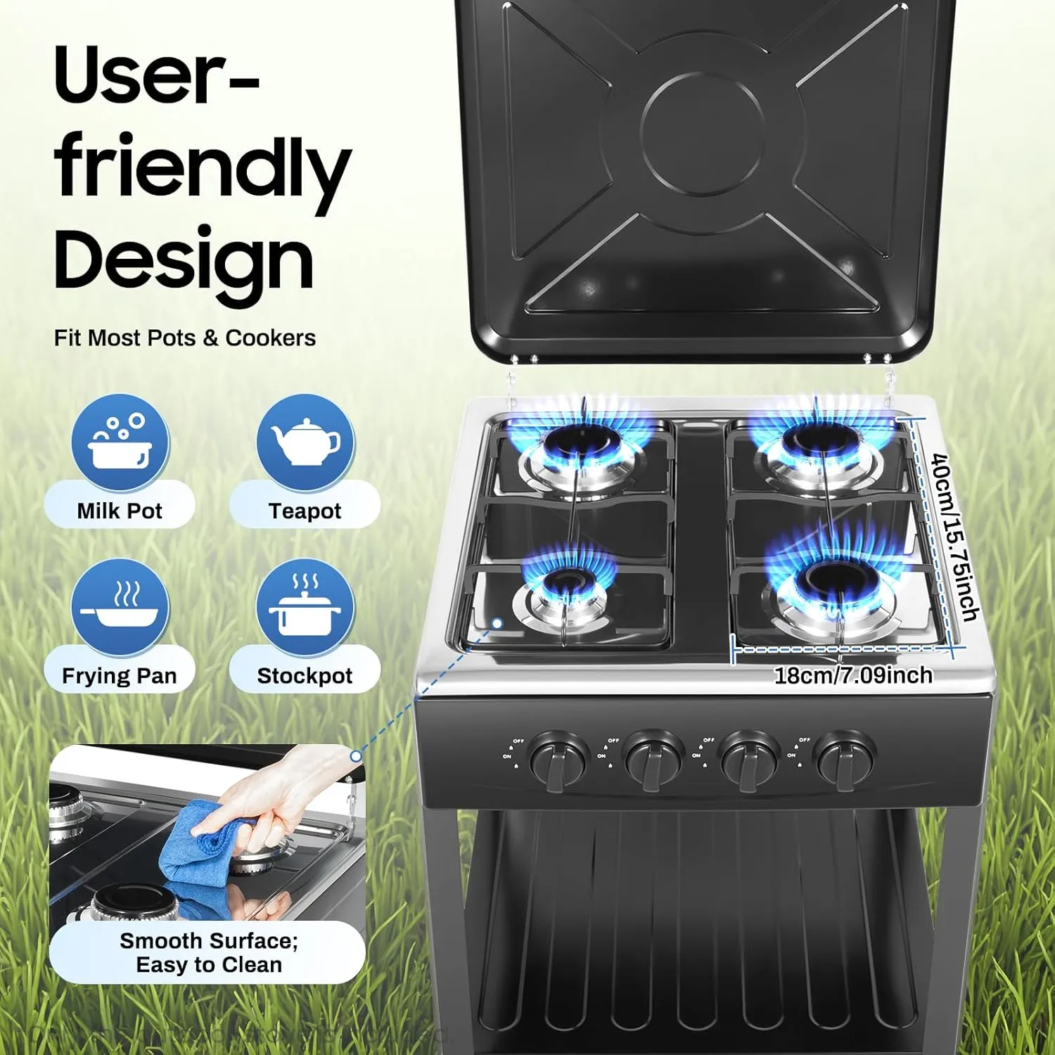 4 Burner Gas Stove Portable Outdoor Stove with Support Leg Stand and Wind Blocking Cover Stainless Steel Propane Camping Stove (Black, 4 Burner)
