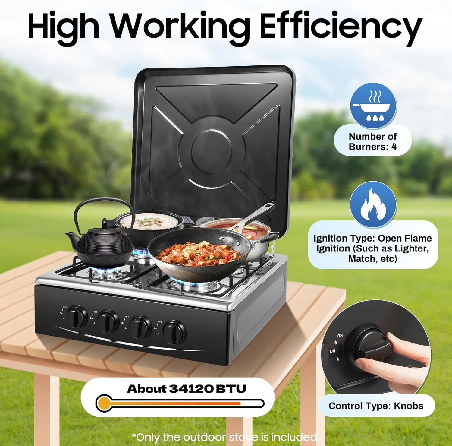 4 Burner Gas Stove Portable Outdoor Stove with Support Leg Stand and Wind Blocking Cover Stainless Steel Propane Camping Stove (Black, 4 Burner)