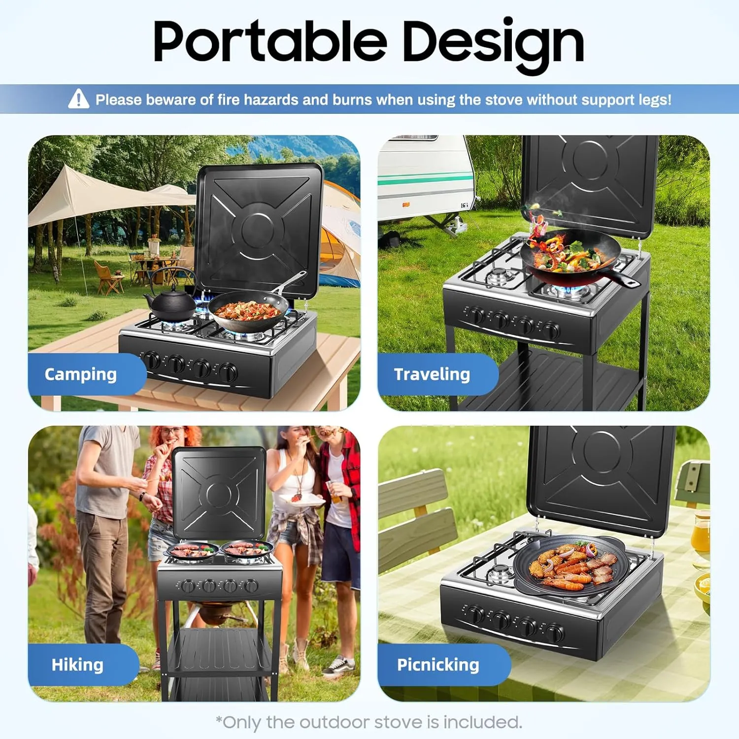 4 Burner Gas Stove Portable Outdoor Stove with Support Leg Stand and Wind Blocking Cover Stainless Steel Propane Camping Stove (Black, 4 Burner)