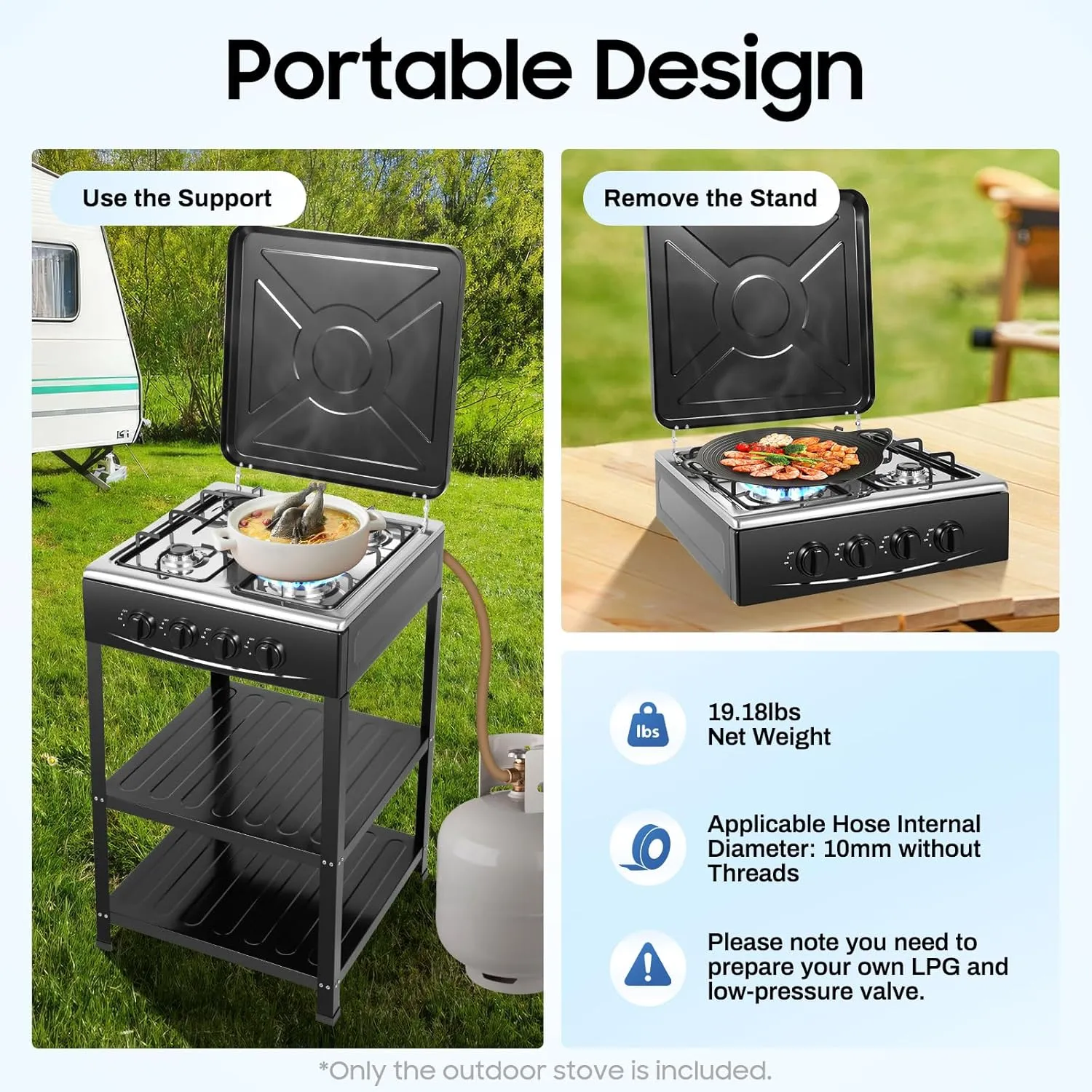 4 Burner Gas Stove Portable Outdoor Stove with Support Leg Stand and Wind Blocking Cover Stainless Steel Propane Camping Stove (Black, 4 Burner)