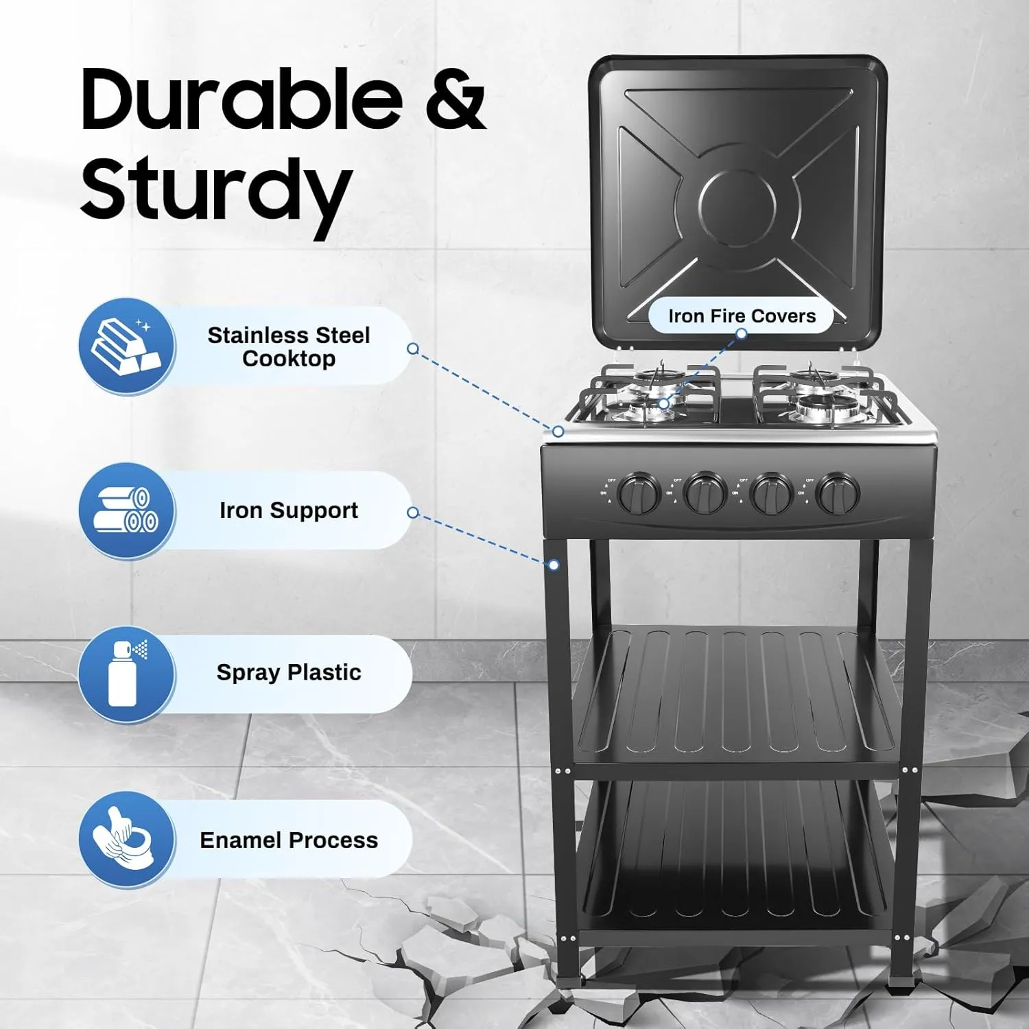 4 Burner Gas Stove Portable Outdoor Stove with Support Leg Stand and Wind Blocking Cover Stainless Steel Propane Camping Stove (Black, 4 Burner)