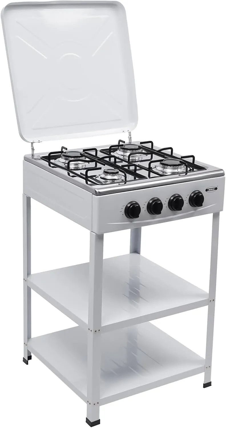 4-Burner Gas Stove,with Support Leg Bracket Portable Cooker Bbq Grill Camping Stove Windshelter,With 2 Storage Shelves,Outdoor Stove Propane for Cafeteria, Apartment, Outdoor Cooking, White