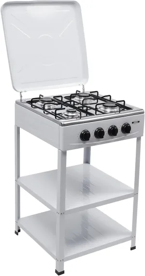 4-Burner Gas Stove,with Support Leg Bracket Portable Cooker Bbq Grill Camping Stove Windshelter,With 2 Storage Shelves,Outdoor Stove Propane for Cafeteria, Apartment, Outdoor Cooking, White