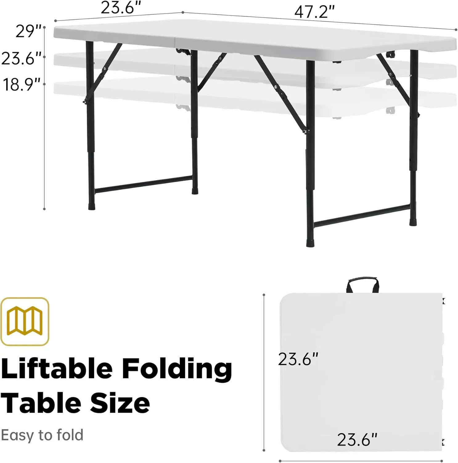 4 Ft Folding Table Adjustable Height with Heavy Duty Portable, Plastic Foldable Table Built in Handle and Steel Legs, Utility Party Dining, Wedding, Events, Picnic Indoor, Outdoor,White