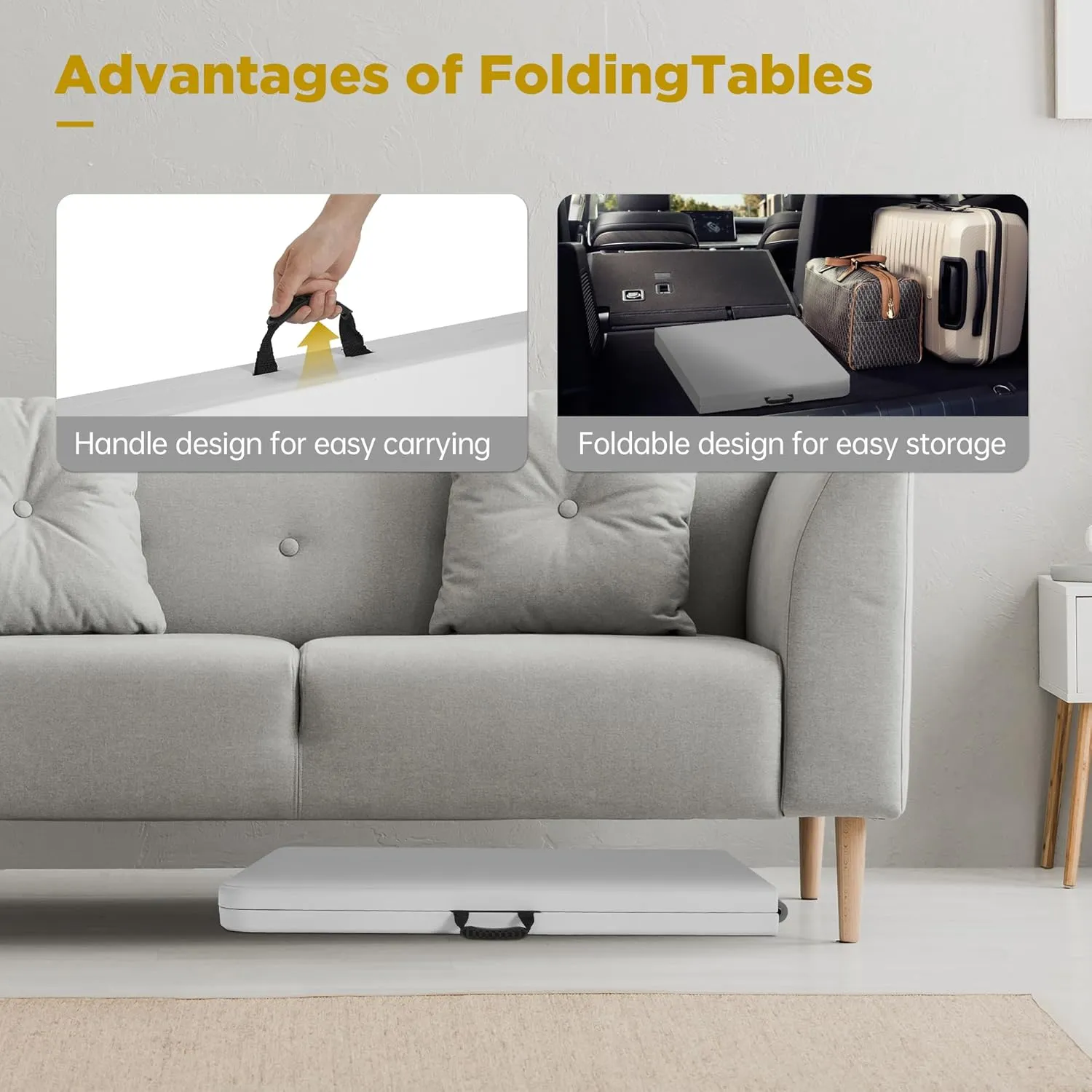 4 Ft Folding Table Adjustable Height with Heavy Duty Portable, Plastic Foldable Table Built in Handle and Steel Legs, Utility Party Dining, Wedding, Events, Picnic Indoor, Outdoor,White