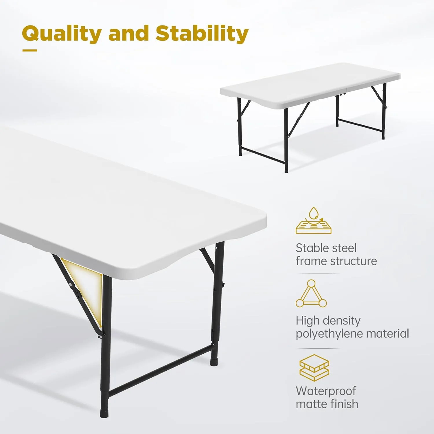 4 Ft Folding Table Adjustable Height with Heavy Duty Portable, Plastic Foldable Table Built in Handle and Steel Legs, Utility Party Dining, Wedding, Events, Picnic Indoor, Outdoor,White