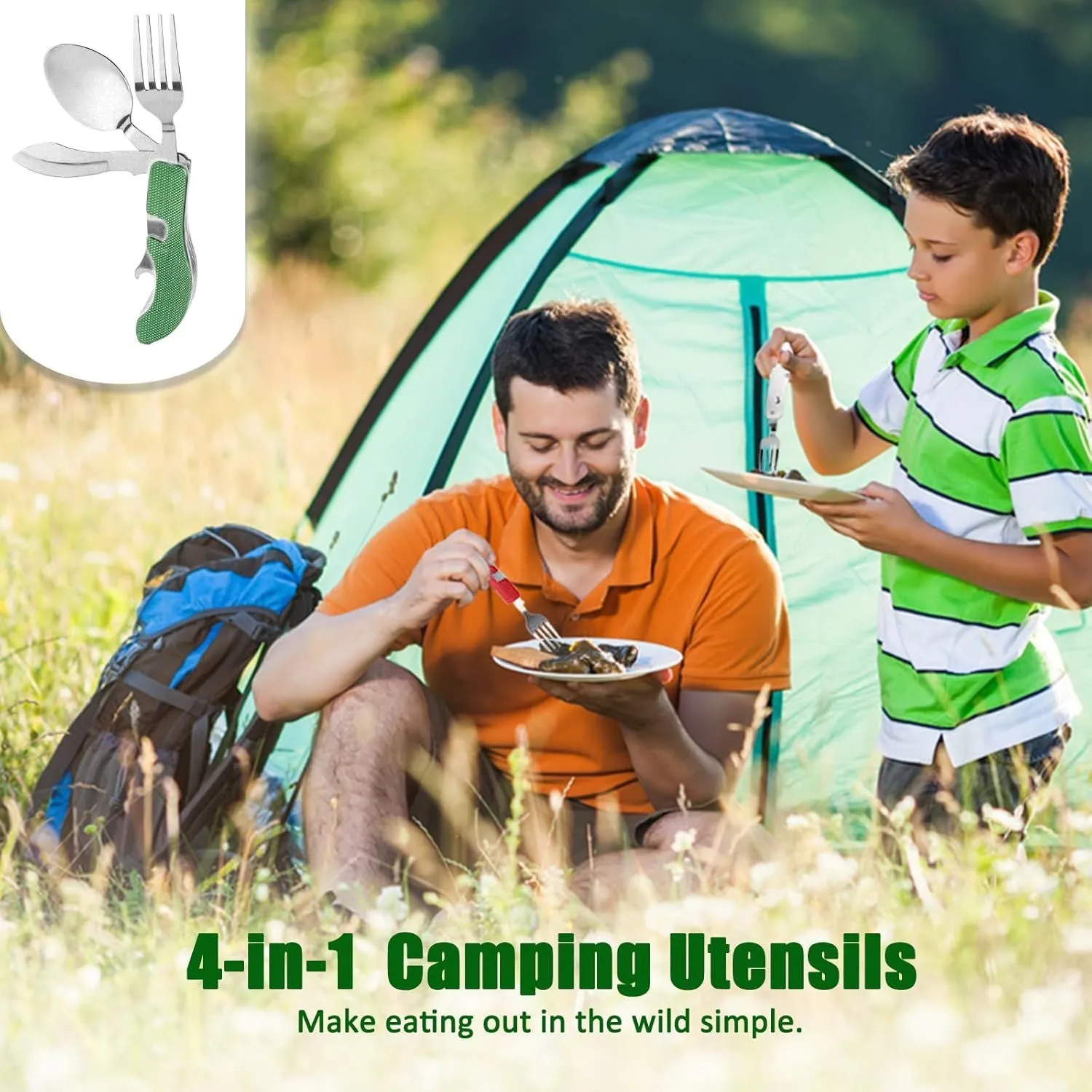4-in-1 Portable Stainless Steel Cutlery with Fork, Spoon, Knife, and Bottle Opener - Lightweight, Detachable, and Durable Camping Silverware for Outdoor Events and Adventures