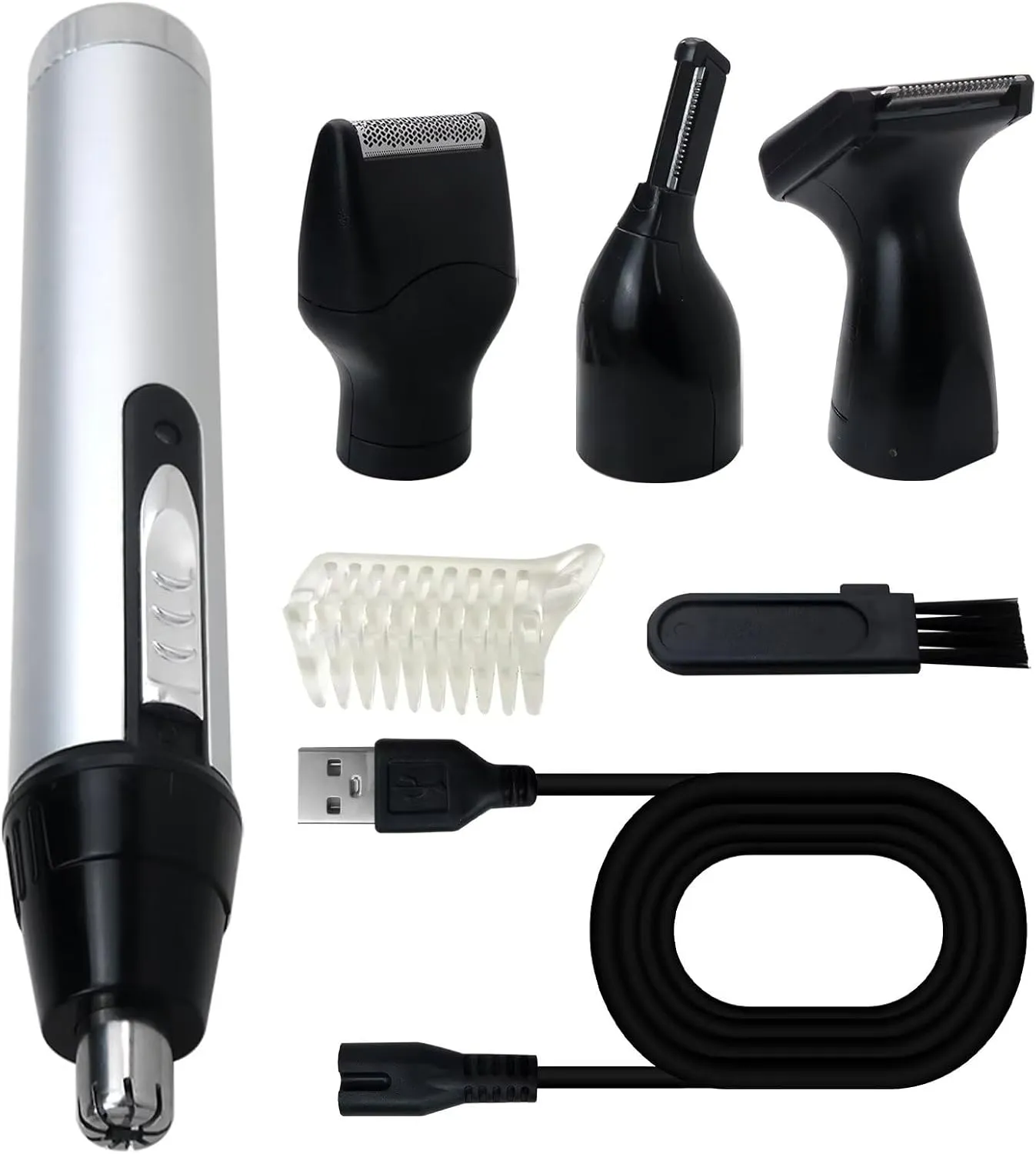 4-in-1 USB Rechargeable Men's Grooming Kit - Eyebrow, Ear, Nose & Beard Trimmer Set, Quiet & Painless Hair Clipper for Men & Women, Multifunctional Shaver with Precision Blades
