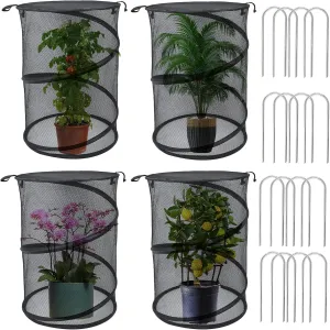 4 Pack Pop up Plant Covers Tent from Animals, 20"H X 13"D Insect Barrier Mesh Plant Guard Cover Net Black Garden Plant Protectors Mini Greenhouse Plant Protection Cage with Stakes for Outdoor Plants