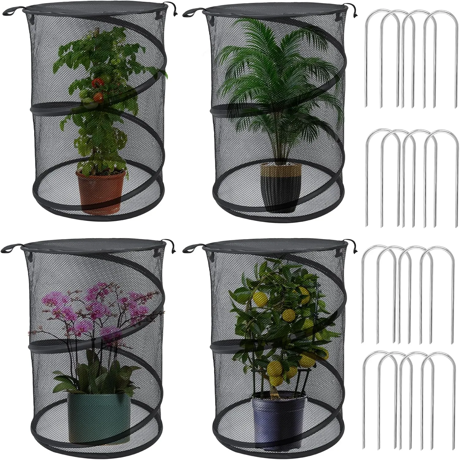 4 Pack Pop up Plant Covers Tent from Animals, 20"H X 13"D Insect Barrier Mesh Plant Guard Cover Net Black Garden Plant Protectors Mini Greenhouse Plant Protection Cage with Stakes for Outdoor Plants