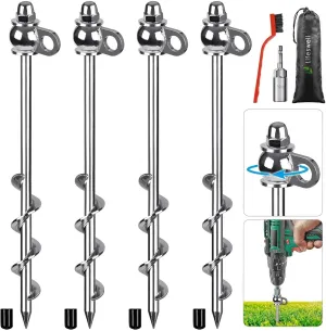 4 Pack Tent Stakes, 12 Inch Heavy Duty Ground Anchors, Full Welding, Easy to Screw in and Reusable, for Camping Tents, Trampolines, Sheds, Swing Sets, Securing Animals