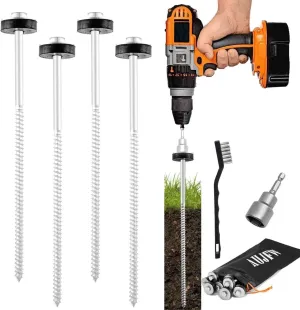 4 Pcs 12" Heavy Duty Metal Ground Pegs, Drillable Threaded Tent Stakes, Screw in Tent Pegs Stakes for Garden Canopies Grassland Canopies Awnings Camping Travel (Hex Tool and Storage Bag)