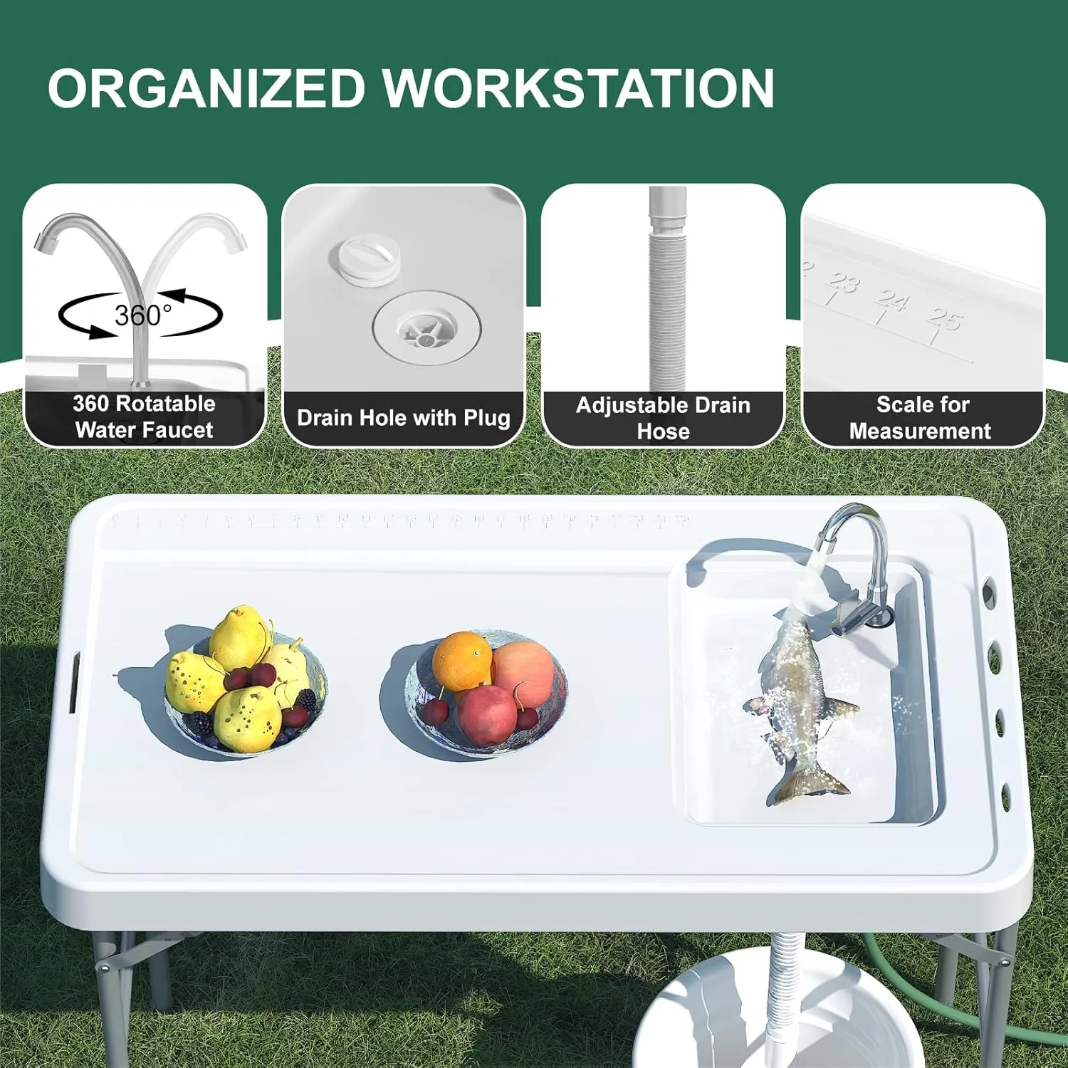 42.5" Fish Cleaning Table with Sink, Folding Camping Table & Fish Cleaning Station with Measure Mark, Camping Sink with Hose Hookup for Outdoor Picnic, Beach, Dock & Patio Use