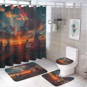 4Pcs Camping Sunset Sky Shower Curtain Set with Toilet Lid Cover U-Shaped Mat and Non-Slip Rugs, Indian Tent Village Landscape Shower Curtain Bathroom Decor Set, 72" x 72"