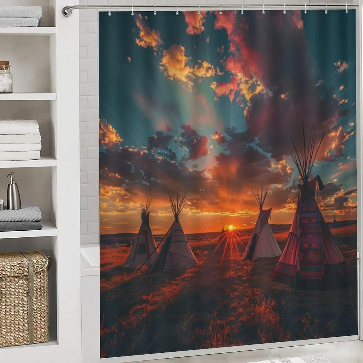 4Pcs Camping Sunset Sky Shower Curtain Set with Toilet Lid Cover U-Shaped Mat and Non-Slip Rugs, Indian Tent Village Landscape Shower Curtain Bathroom Decor Set, 72" x 72"